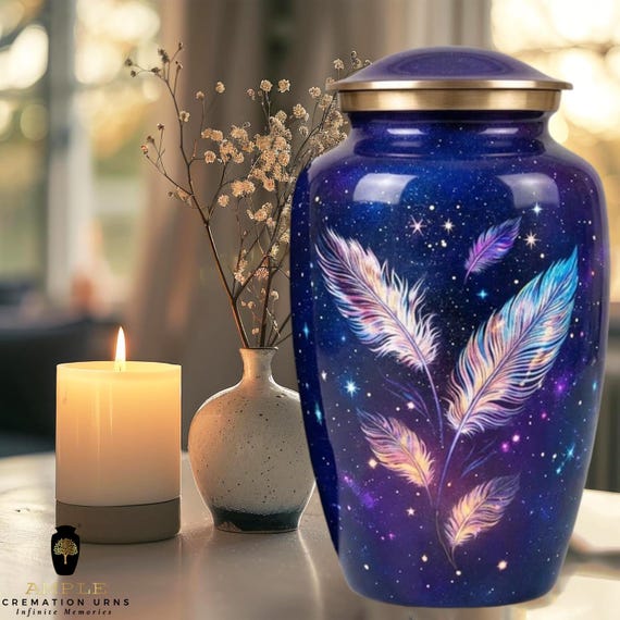 Glowing feathers floating in a starry Cremation Vessel with Elegant Handcrafted Design for Honoring Loved Ones’ Final Resting Place