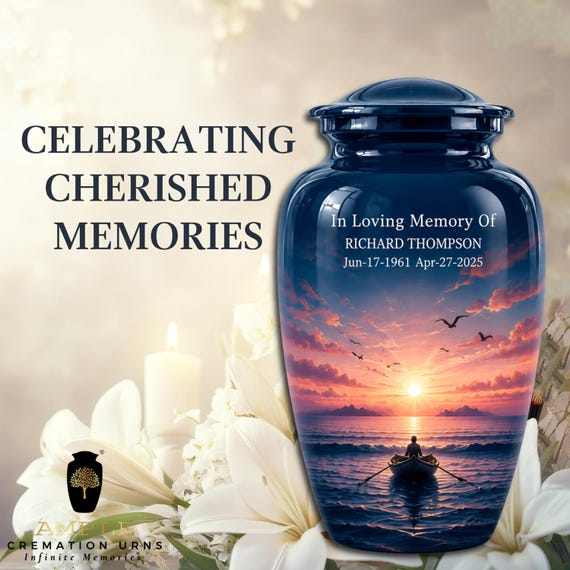 Personalized Cremation Urn for Human Ashes, Ocean Sunset Memorial Urn, Boat at Sea Urn, Custom Name Dates, Adult Funeral Keepsake