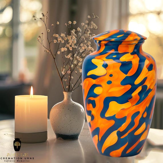 Modern Abstract Cremation Urn for Human Ashes - Vibrant Blue Orange Liquid Marble Memorial Funeral Urn with Velvet Bag Contemporary Tribute