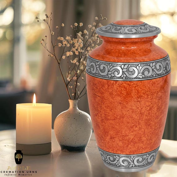 Amber Marble Style Cremation Urn for Human Ashes - Elegant Silver Engraved Floral Band Memorial - Funeral Urn - Timeless Earth Tone Tribute