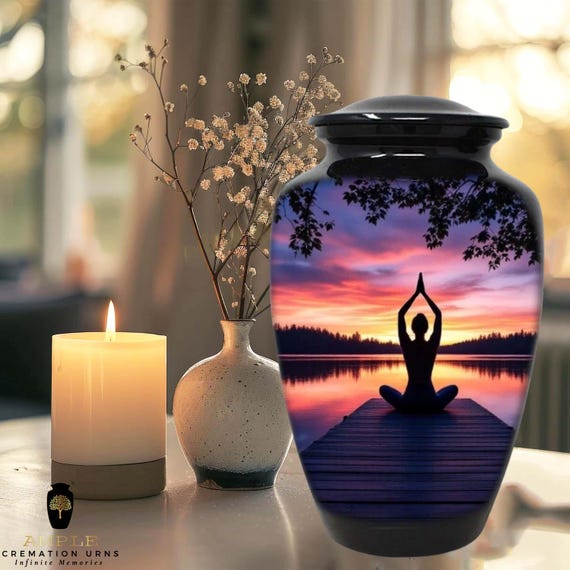 Yoga Cremation Urn for Human Ashes - Zen Meditation Sunset Lake Memorial - Large Adult Funeral Urn & Matching Small Keepsakes for Family