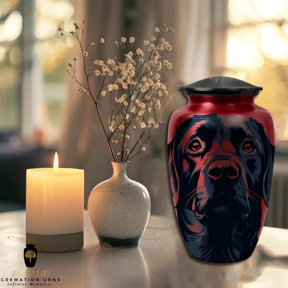 Black Labrador Retriever Cremation Urn for Human Ashes - Crimson Red Dog Memorial - Funeral Urn & Keepsake - Artistic Pet Lover Tribute