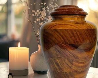 May include: A wooden cremation urn with a rich brown color and a natural wood grain pattern. The urn has a lid with a decorative design. The urn is sitting on a table with a white candle and a small vase with white flowers.