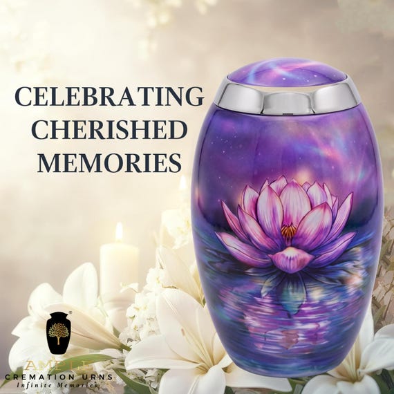 Purple Lotus Flower Cremation Urn for Human Ashes, Water Reflection Design, Floral Memorial with Silver Tone Rim