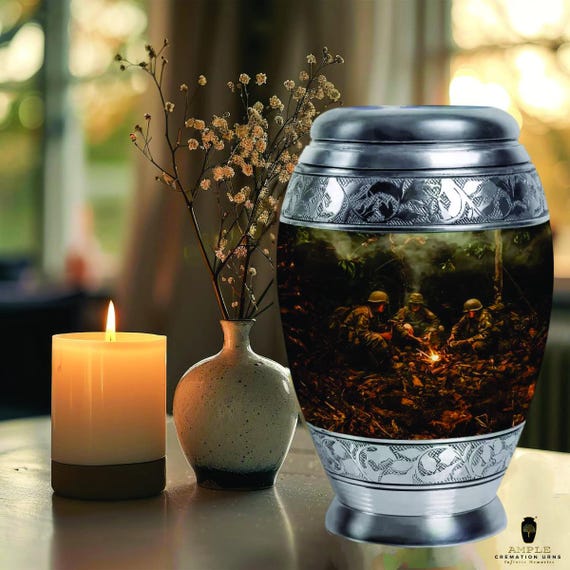 Military Cremation Urn for Human Ashes – Aluminum Memorial Urn with Soldiers Campfire Design, Veteran Tribute Urn, Large & Keepsake Sizes