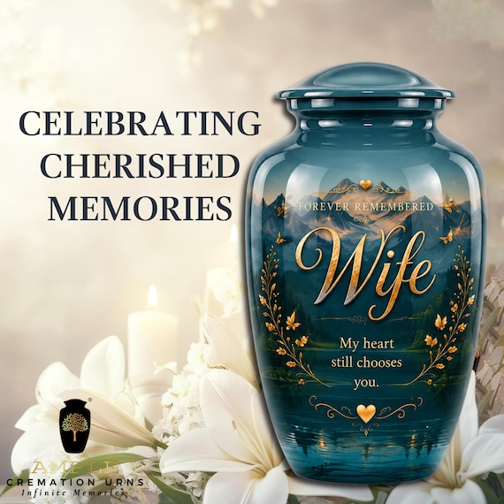 Wife Cremation Urn for Human Ashes, Teal Mountain Lake Memorial with Gold Tone Butterflies
