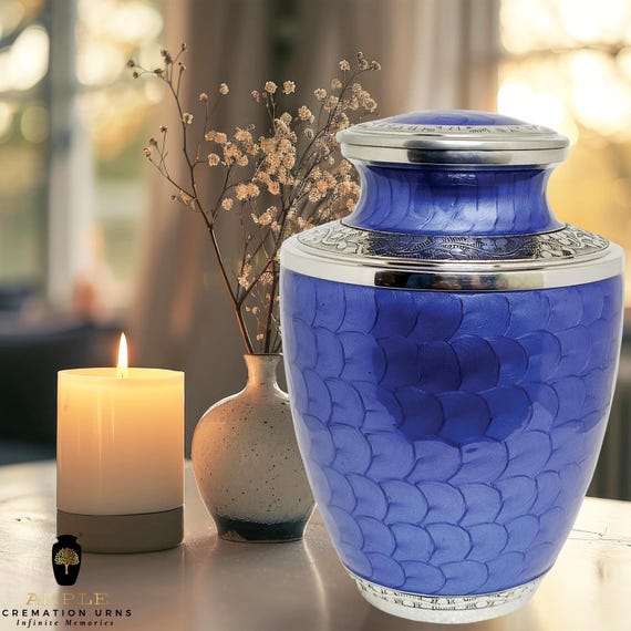 Blue Scales Cremation Urn, Handcrafted Aluminum Funeral Urn