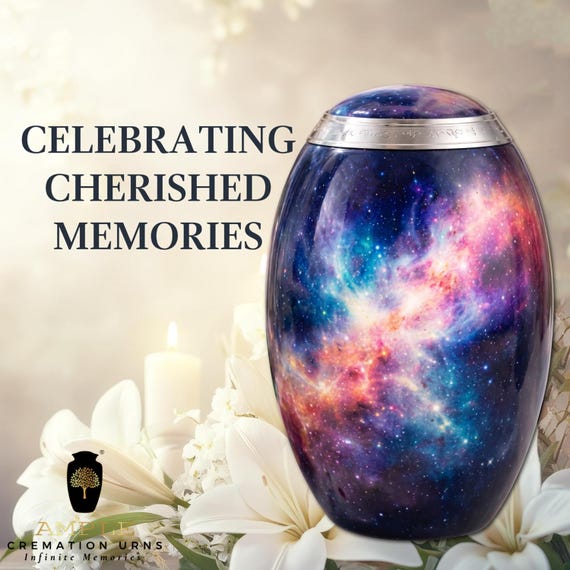 Galaxy Cremation Urn for Human Ashes, Purple Blue Nebula Memorial with Stars and Silver Trim
