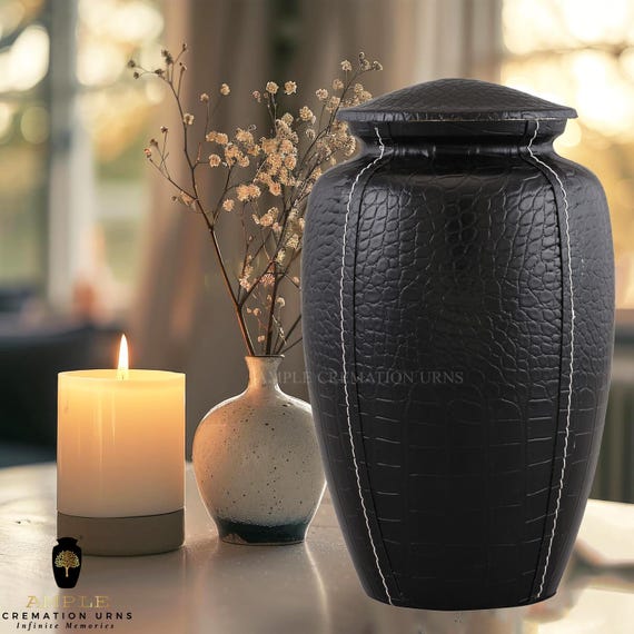 Black Leather-Wrapped Cremation Urn – Large Aluminum Memorial