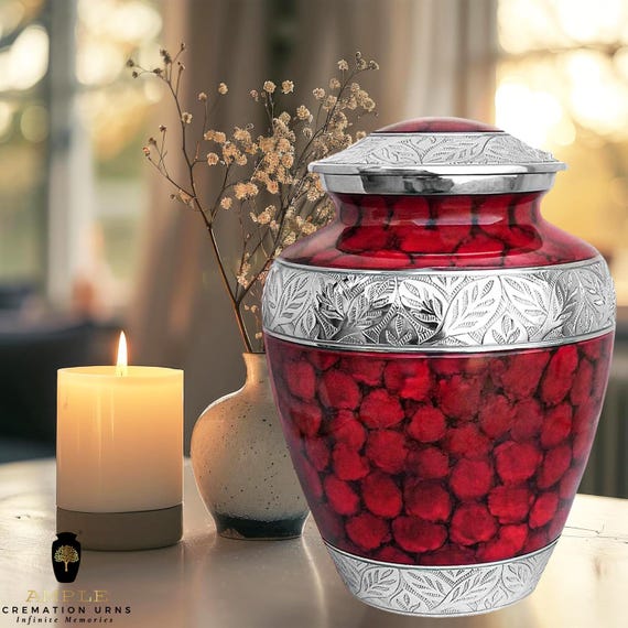 Red and Silver Tree of Life Cremation Urn for Human Ashes - Large Adult Memorial Urn - Funeral Tribute or Personalized Engraved Burial