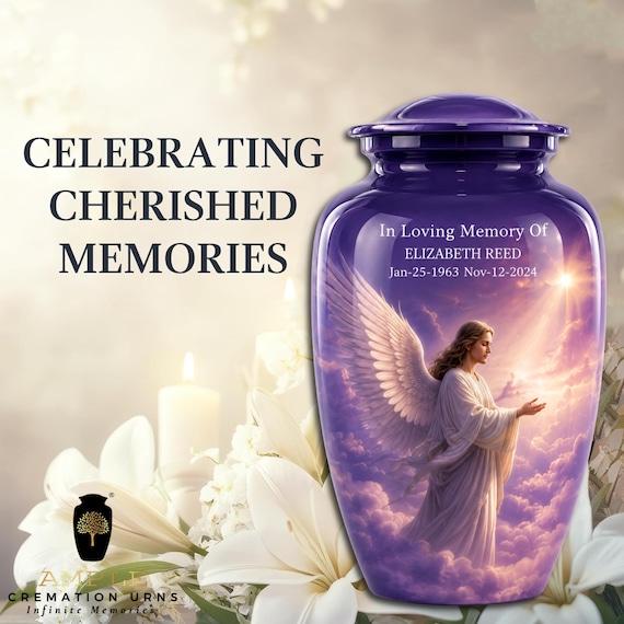 Personalized Angel Cremation Urn for Human Ashes, Purple Memorial Urn for Women, Custom Name & Dates, Adult Funeral Keepsake