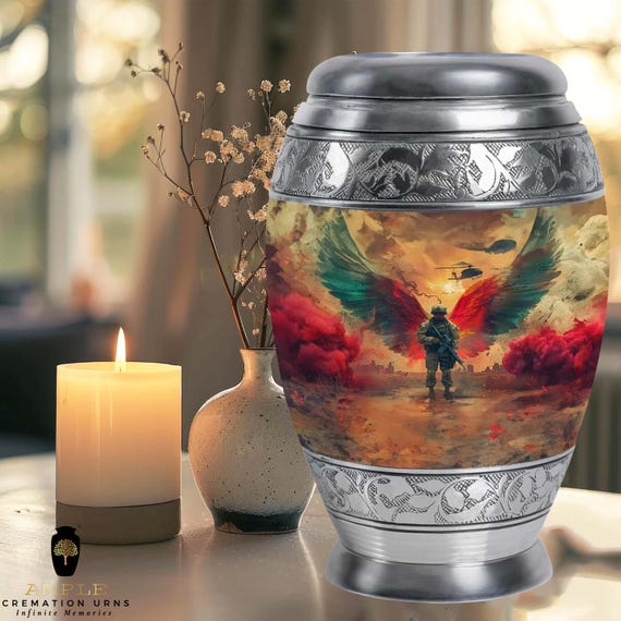 Military Soldier Angel Wings Cremation Urn for Human Ashes - Fallen Hero Combat Memorial  Silver Engraved Large Adult Urn & Shared Keepsakes