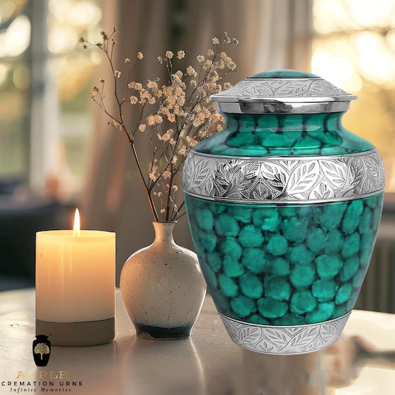 Handmade Green Brass Urn – Silver Leaf Engraving, Keepsake Memorial