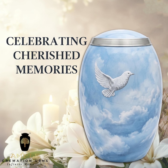 White Dove Cremation Urn for Human Ashes, Light Blue Sky and Clouds Memorial