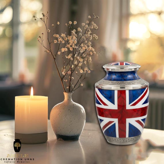 United Kingdom Flag Cremation Urn for Human Ashes Adult Memorial Funeral Urn with Union Jack Design Decorative Metal Keepsake Urn
