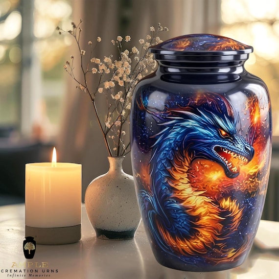 Mythical Fire Dragon Cremation Urn for Human Ashes - Blue & Orange Celestial Dragon Memorial  Shared Keepsakes - Fantasy Spirit Tribute