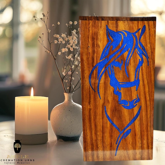 Horse Cremation Urn, Wooden Equine Memorial, Blue Horse Design, Pet Ashes Keepsake