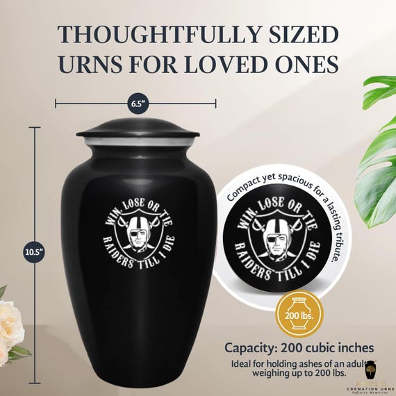 Raiders Cremation Urn for Human Ashes, Black Football Fan Memorial with Silver Tone Trim, Win Lose or Tie Tribute