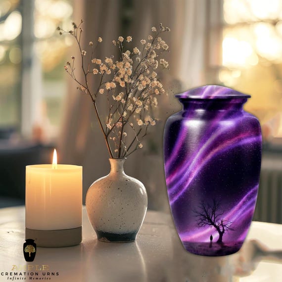 Northern Lights Cremation Urn for Human Ashes - Purple Aurora Borealis Memorial - Funeral Urn & Keepsake - Solitary Tree Night Sky Tribute