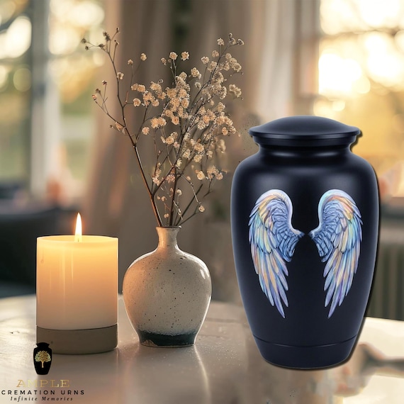 Iridescent Angel Wings Cremation Urn for Human Ashes - Matte Black Guardian Memorial - Large Funeral Urn & Keepsake - Heavenly Peace Tribute