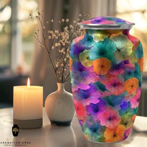 Könnte beinhalten: Eine farbenfrohe Urne mit einem floralen Design in Lila, Blau, Orange und Grün. Die Urne hat einen silbernen Deckel und steht neben einer brennenden Kerze und einer kleinen Vase mit Blumen. Der Text "APPLE CREMATION URNS Infinite Memories" befindet sich unten.