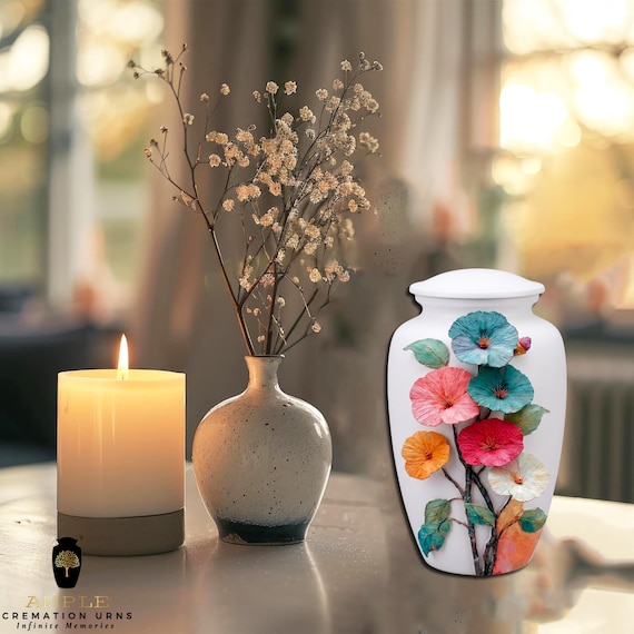 Floral Cremation Urn, Aluminum Memorial Urn, Colorful Flower Keepsake Urn, Funeral Memorial, Sympathy Gift, Adult Urn