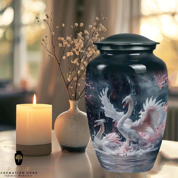 Dancing Swan Cremation Urn for Human Ashes - Cherry Blossom Waterfall Memorial - Large Adult Funeral Urn & Matching Small Keepsakes