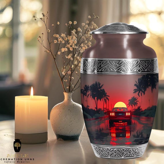 Red Muscle Car Cremation Urn for Human Ashes - Tropical Palm Sunset Memorial - Large Adult Funeral Urn - Classic Sports Car Tribute for Him
