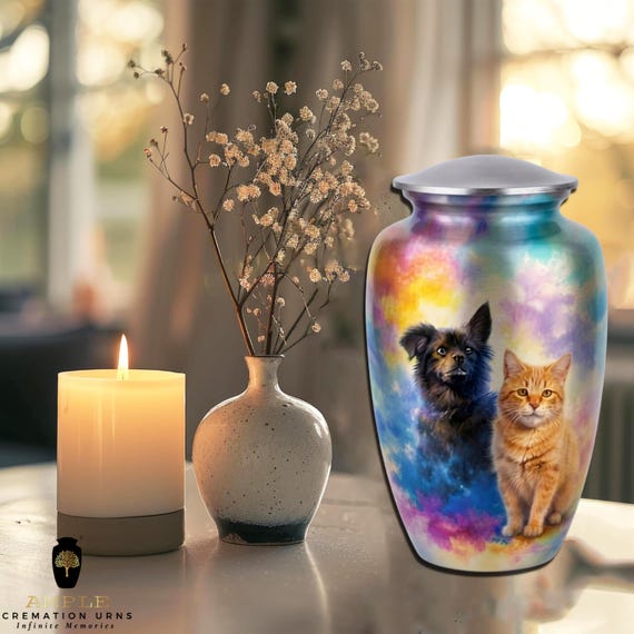 Dog and Cat Memorial Cremation Urn for Human Ashes - Rainbow Bridge Pet Tribute Funeral Urn Keepsake - Colorful Eternal Friendship Memorial