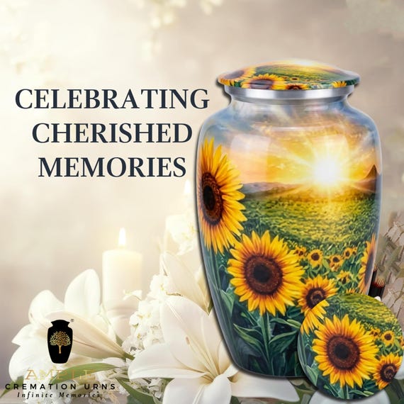 Sunflower Field Cremation Urn for Human Ashes - Vibrant Floral Landscape Memorial - Large Funeral Urn & Keepsake - Summer Sun Eternal Rest