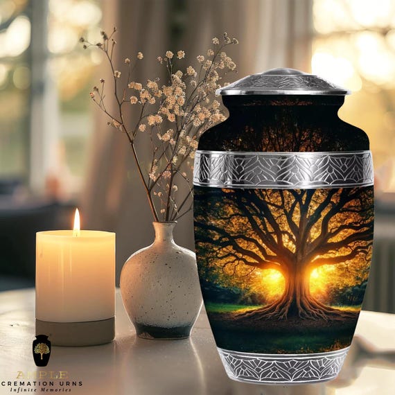 Large Aluminum Cremation Urn – Tree of Life Design, Meena Coating