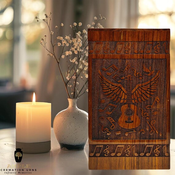 Guitar Wings Cremation Urn, Musical Notes Design, Handmade Memorial Box