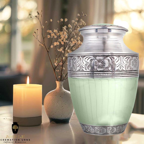 Mint Green Cremation Urn - Floral Engraved Silver Metal, Adult Size