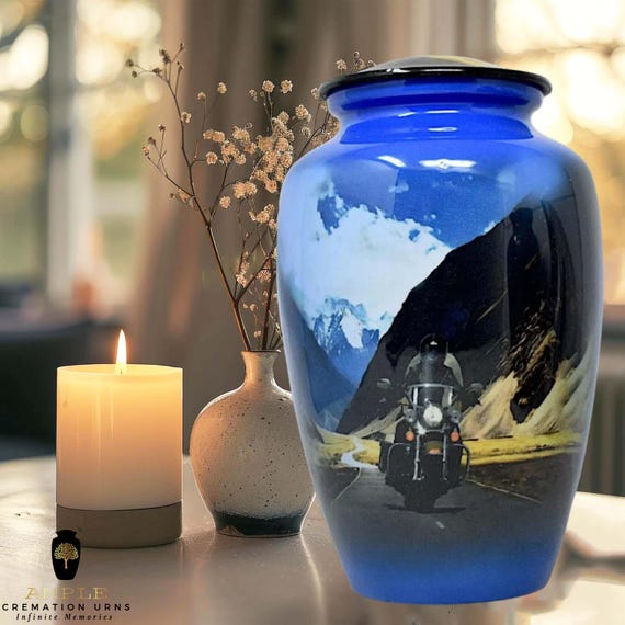 Motorcycle Cremation Urn for Human Ashes - Biker Memorial Mountain Road  Blue & Black Large Adult Funeral Urn  Small Shared Keepsake Sizes