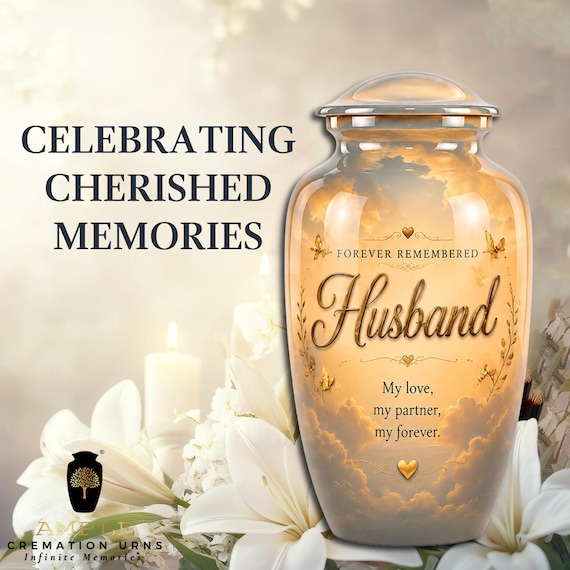 Husband Cremation Urn for Human Ashes, Golden Cloud Memorial with Butterflies and Hearts