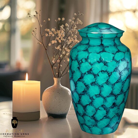 Elegant Aluminum Cremation Urn – Teal Pattern, Keepsake & Large Sizes