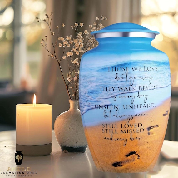 Beach Cremation Urn for Human Ashes - Footprints in the Sand Ocean Memorial - Large Adult Funeral Urn & Shared Keepsakes - Those We Love Urn