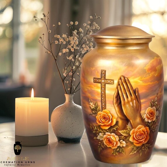 Praying Hands Cremation Urn for Human Ashes - Gold Cross & Orange Rose Memorial - Funeral Urn - Religious Grace  Divine Peace Tribute