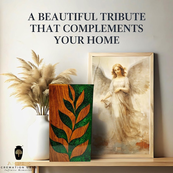 Handmade Wooden Cremation Urn Box with Green Leaf Inlay