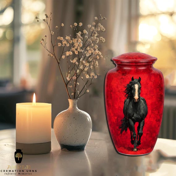 Black Horse Cremation Urn for Human Ashes, Horse Memorial Urn, Equestrian Funeral Urn, Red Artistic Aluminum Urn, Horse Lover Memorial
