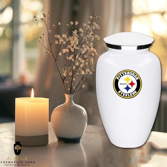 Pittsburgh Steelers Cremation Urn for Human Ashes - Football Fan Sports Memorial - Funeral Urn Matching Shared Keepsakes - White Fan Tribute