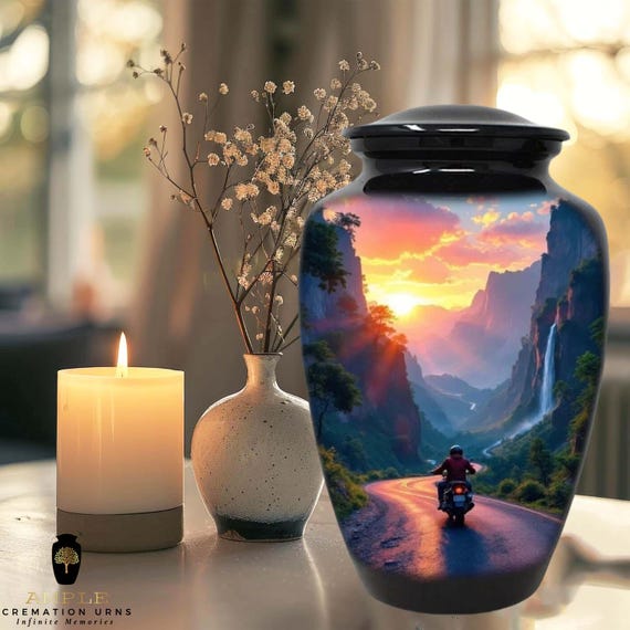Motorcycle Cremation Urn for Human Ashes - Biker Waterfall Sunset Memorial - Large Adult Funeral Urn & Shared Keepsakes for Biker Lovers