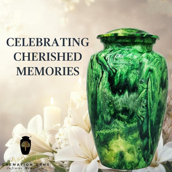 Green Marble Effect Cremation Urn for Human Ashes, Nature Inspired Memorial with Matching Lid