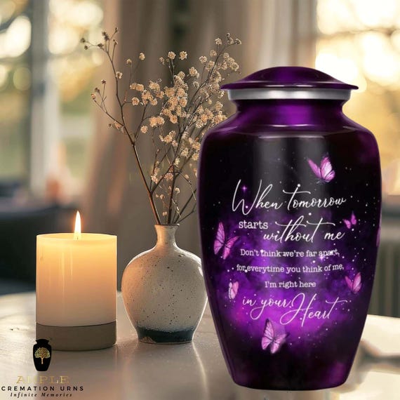 Purple Butterfly Cremation Urn for Human Ashes - When Tomorrow Starts Without Me Memorial - Large Adult Funeral Urn & Shared Keepsakes Set