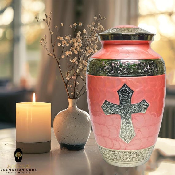 Pink & Silver Cross Cremation Urn – Religious Memorial, Adult Size