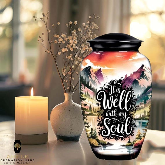 It Is Well With My Soul Cremation Urn for Human Ashes - Mountain Sunset Lake Memorial - Large Adult Funeral Urn & Matching Keepsakes Set