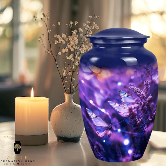 Purple Lavender Cremation Urn for Human Ashes - Butterfly in Enchanted Field Memorial - Large Adult Funeral Urn & Matching