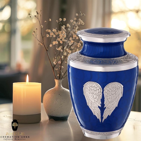 Blue Angel Wings Cremation Urn, Adult Memorial Urn, Metal Funeral Keepsake