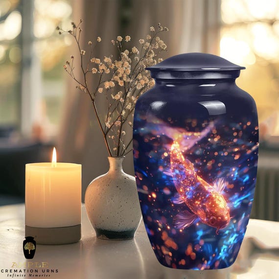 Koi Fish Cremation Urn for Human Ashes – Celestial Glow Aluminum Memorial Urn, Spiritual Koi Design, Large & Keepsake Sizes