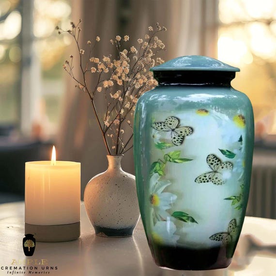 Butterfly Cremation Urn for Human Ashes - Sage Green Floral Memorial with White Daisies - Large Adult Funeral Urn & Matching Keepsakes Set